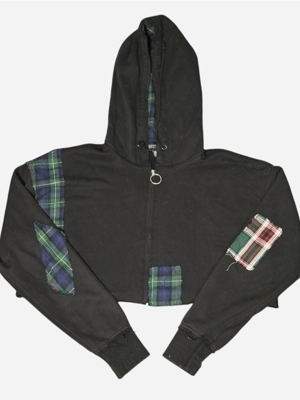 Dolls Kill Black Cropped Zip Hoodie with Green Plaid Lining